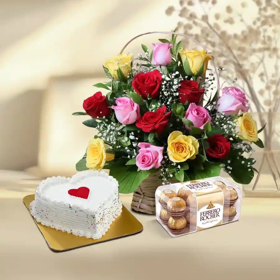 Enticing Combo of Rose Basket Vanilla Cake n Ferrero Rocher