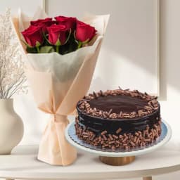 Beautiful Red Roses Bunch n Chocolate Cake 1