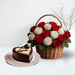 Amazing 75 Mixed Roses Basket with Heart Shape Choco Cake 1