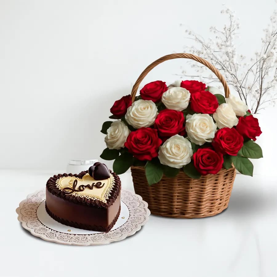 Amazing 75 Mixed Roses Basket with Heart Shape Choco Cake