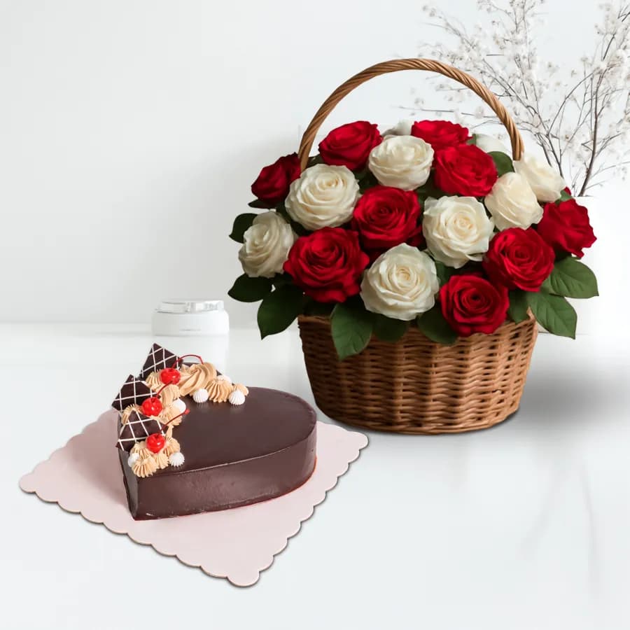 Lovely Red Roses in Vase with Heart Shaped Cake