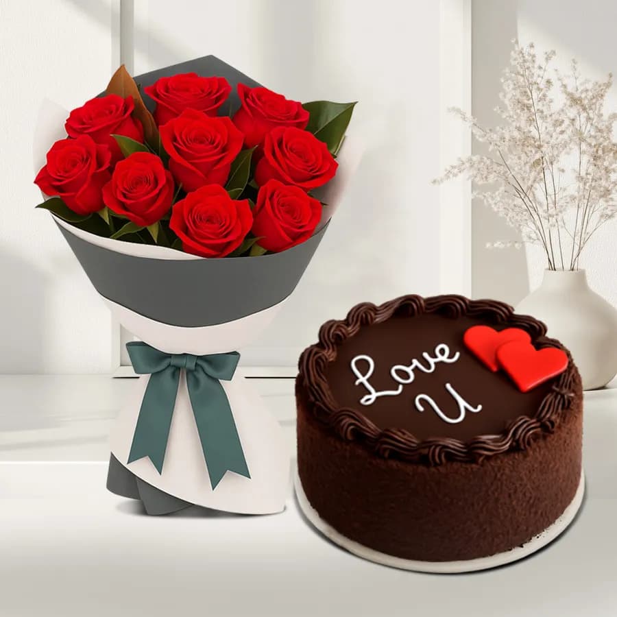 Cheerful Red Roses Bouquet with Chocolate Cake
