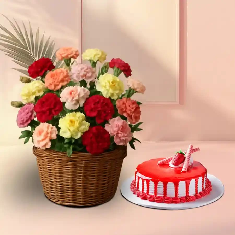 Alluring Mixed Carnations Basket with Strawberry Cake