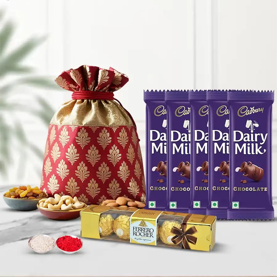 Yummy Assorted Dry Fruits Potli with Chocolates