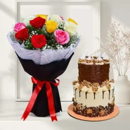 Cheerful Mixed Roses Bunch with Two Tier Chocolate Cake 1