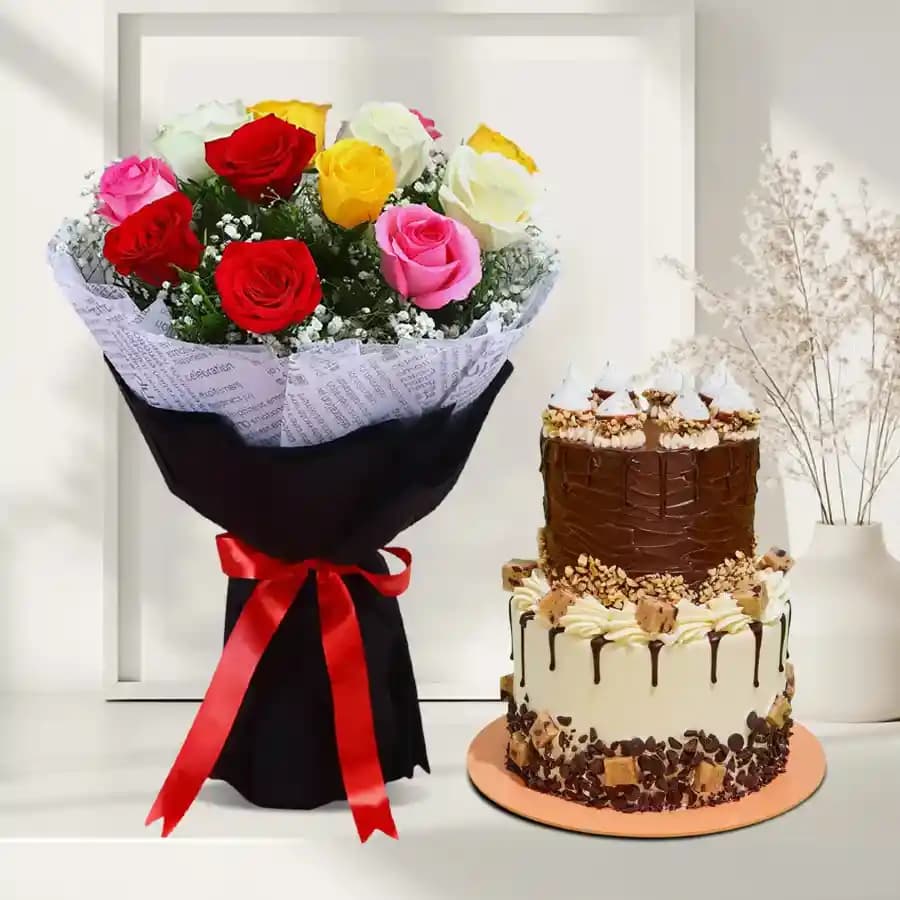 Cheerful Mixed Roses Bunch with Two Tier Chocolate Cake