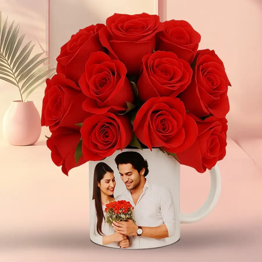 Love Filled Display of Red Roses in Personalized Photo Coffee Mug
