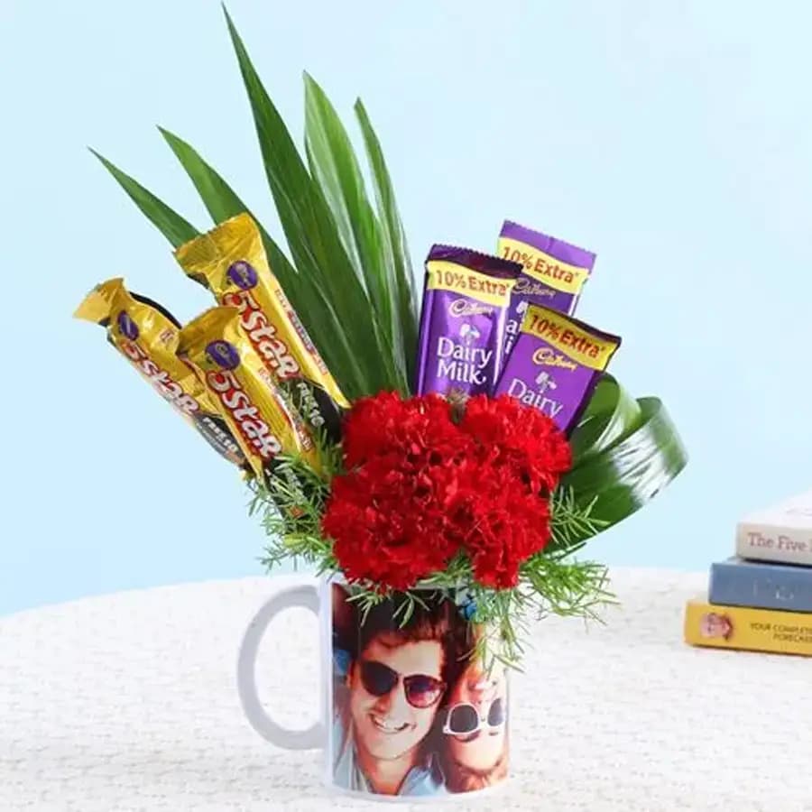 Lovers Choice Personalized Photo Mug Full of Carnations n Cadbury Chocolates
