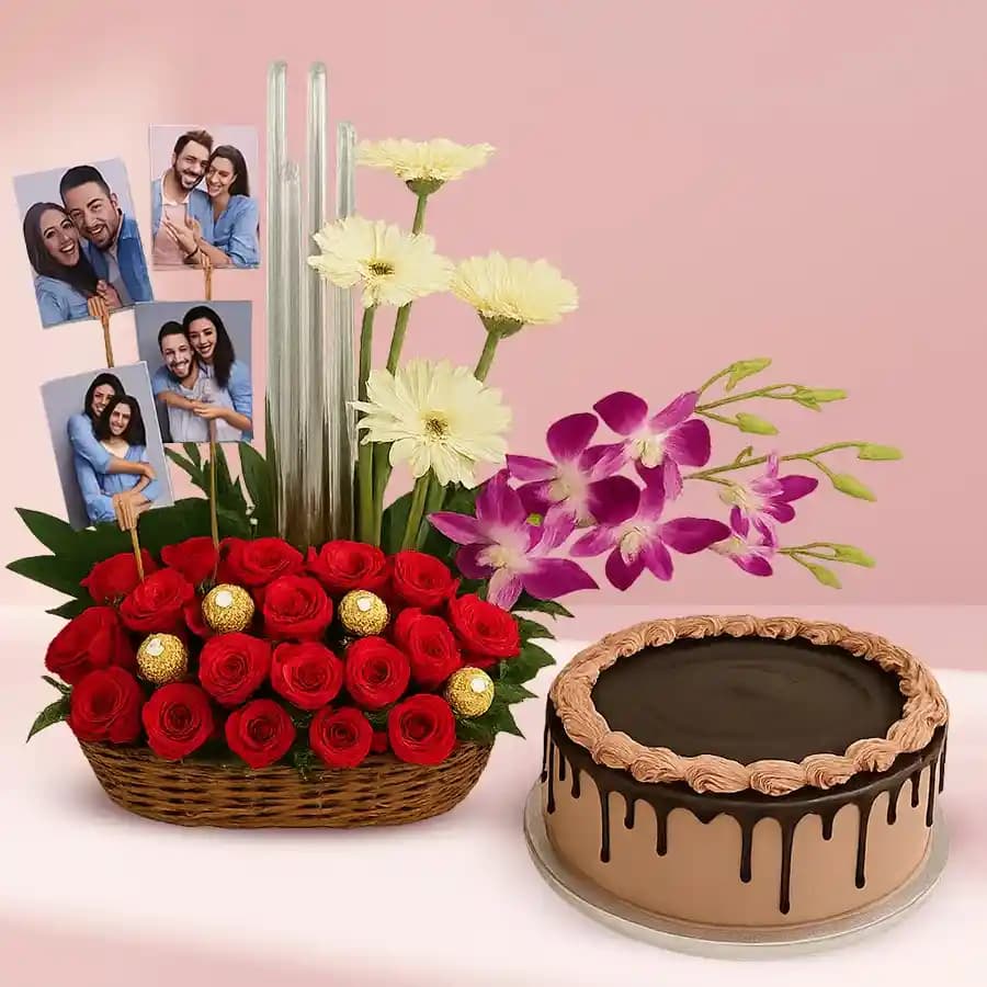 Beautiful Flowery Chocolaty N Personalized Picture Basket with Chocolate Cake