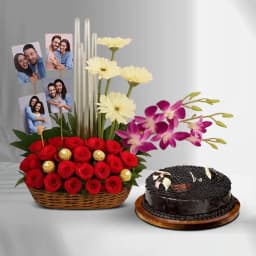 Love Filled Flowery Chocolaty N Personalized Picture Basket with Chocolate Cake 1