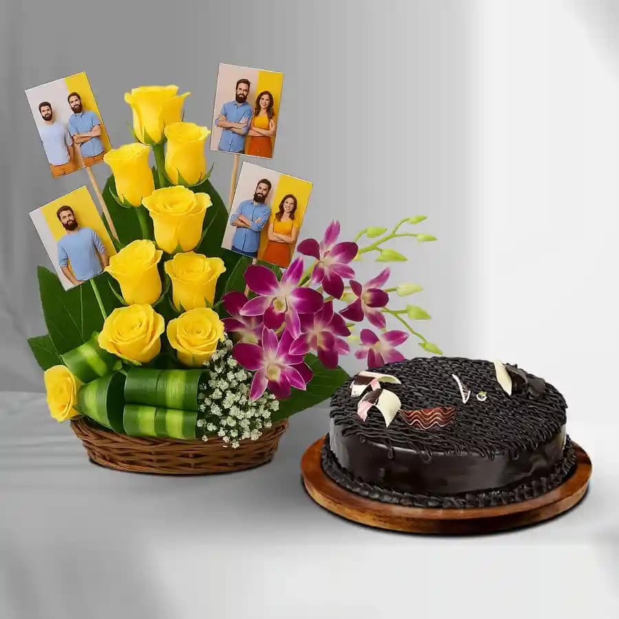 Radiant Mixed Flowers n Personalized Photo Basket with Truffle Cake