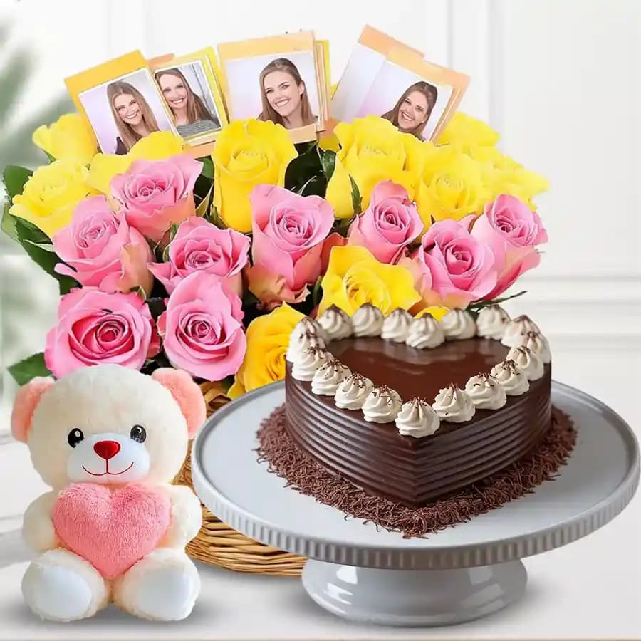Impressive Roses N Personalized Photo Basket with Love Cake n Cute Teddy