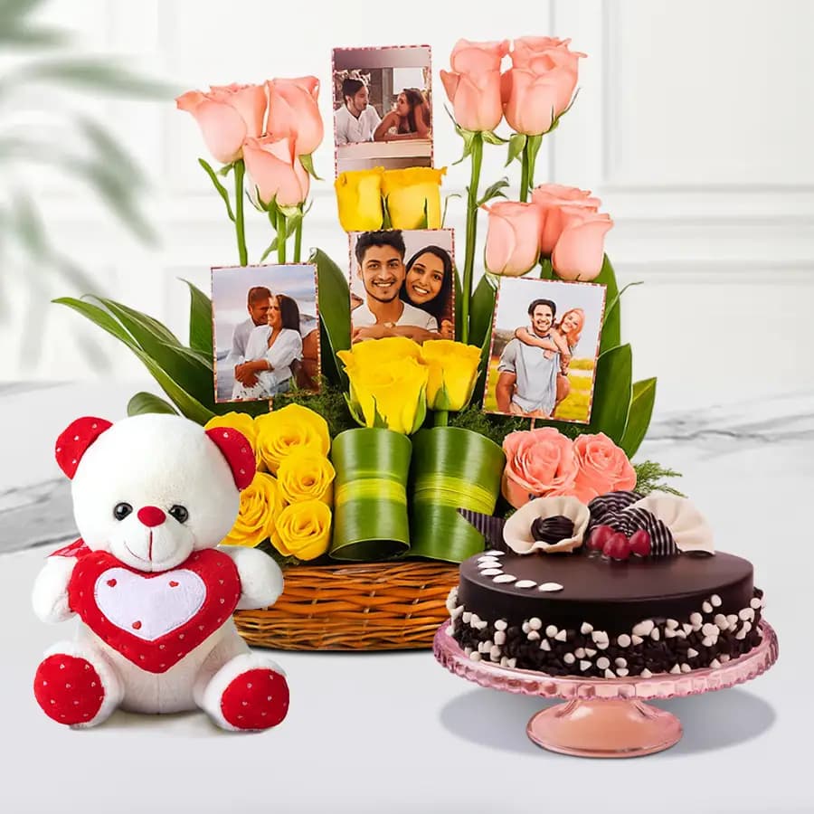 Impressive Mixed Roses N Personalized Photo Basket with Love Cake n Soft Teddy