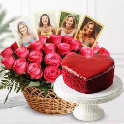 Hearty Red Velvet Cake with Roses and Personalized Photo Basket 1