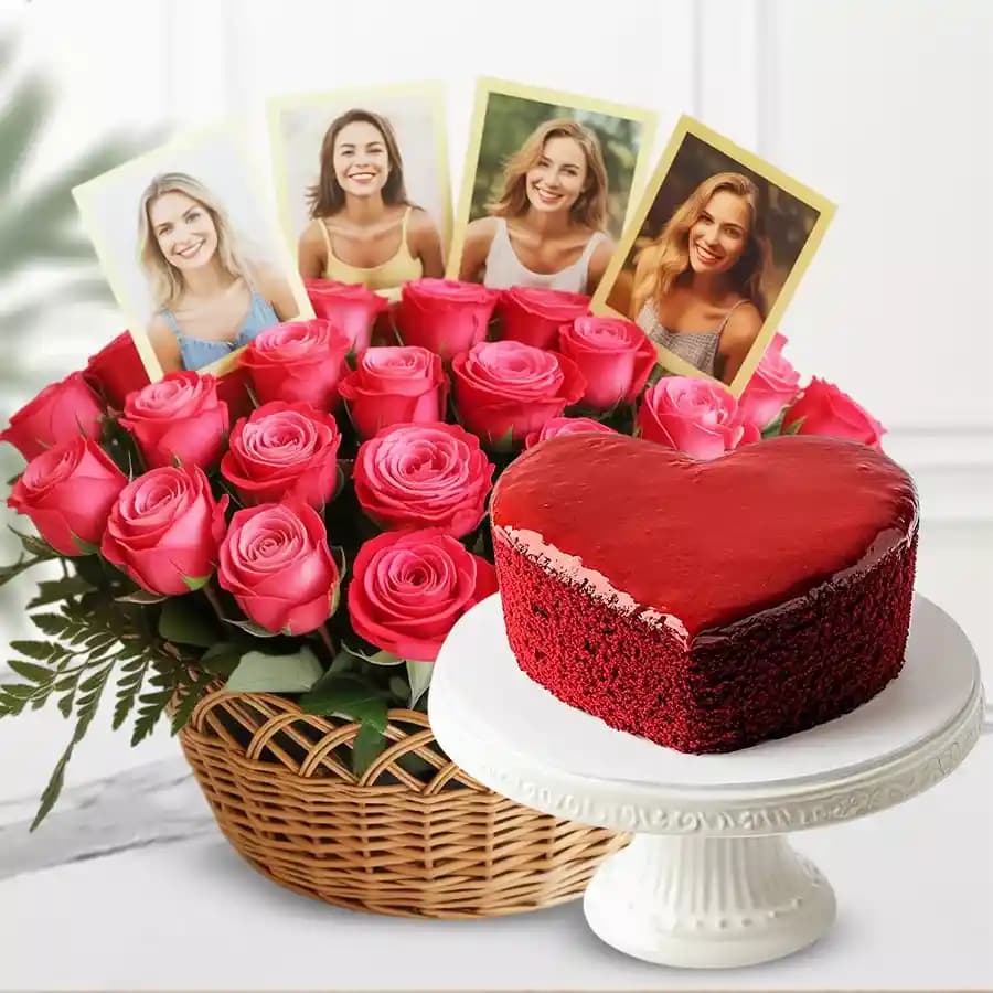 Hearty Red Velvet Cake with Roses and Personalized Photo Basket