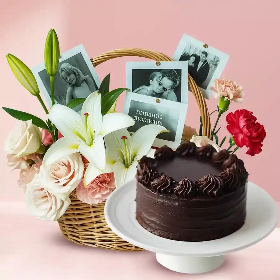 Breathtaking Mixed Roses N Personalized Photos Arrangement n Chocolate Cake