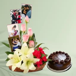 Adorable Mixed Flowers N Personalized Photos Arrangement with Chocolate Cake 1