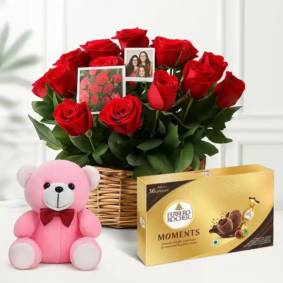 Stunning Red Roses N Personalized Photos Arrangement with Soft Teddy n Ferrero Moments