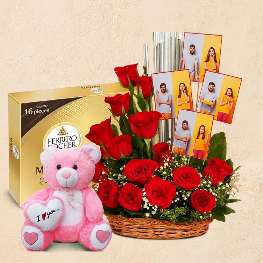Lovely Red Roses N Personalized Photos Arrangement with Soft Teddy n Ferrero Moments