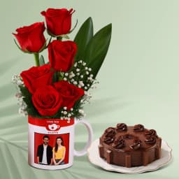 Lovers Delight Personalized Photo Mug with Red Roses and Chocolate Cake 1