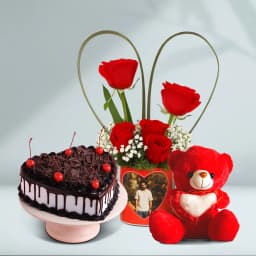 Fabulous Roses in Personalized Photo Mug with Black Forest Love Cake n Cute Teddy 1