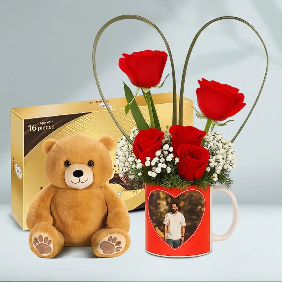 Beautiful Roses in Personalized Photo Mug with Ferrero Moments n Soft Teddy