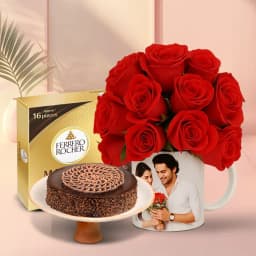 Lovely Roses in Personalized Photo Mug with Chocolate Cake n Ferrero Moments 1