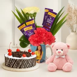 Personalized Photo Mug of Carnations n Chocolate with Black Forest Cake n Cute Teddy 1