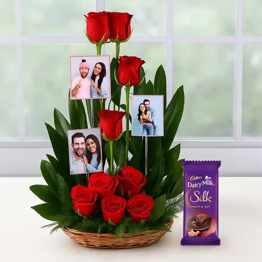 Spectacular Personalized Photo n Red Roses Basket with Cadbury Silk