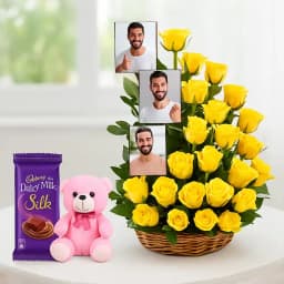 Beautiful Basket of Roses n Personalized Pictures with Cute Teddy and Cadbury Silk 1