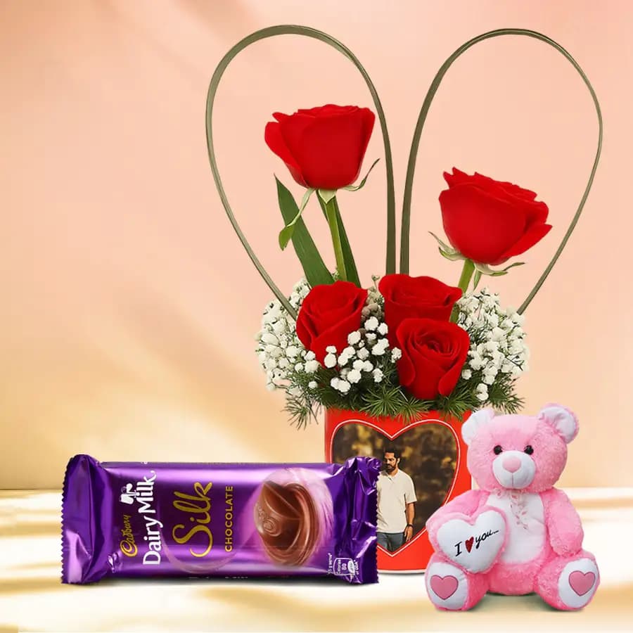 Love Filled Personalized Photo Mug of Roses with Cadbury Silk and Cute Teddy
