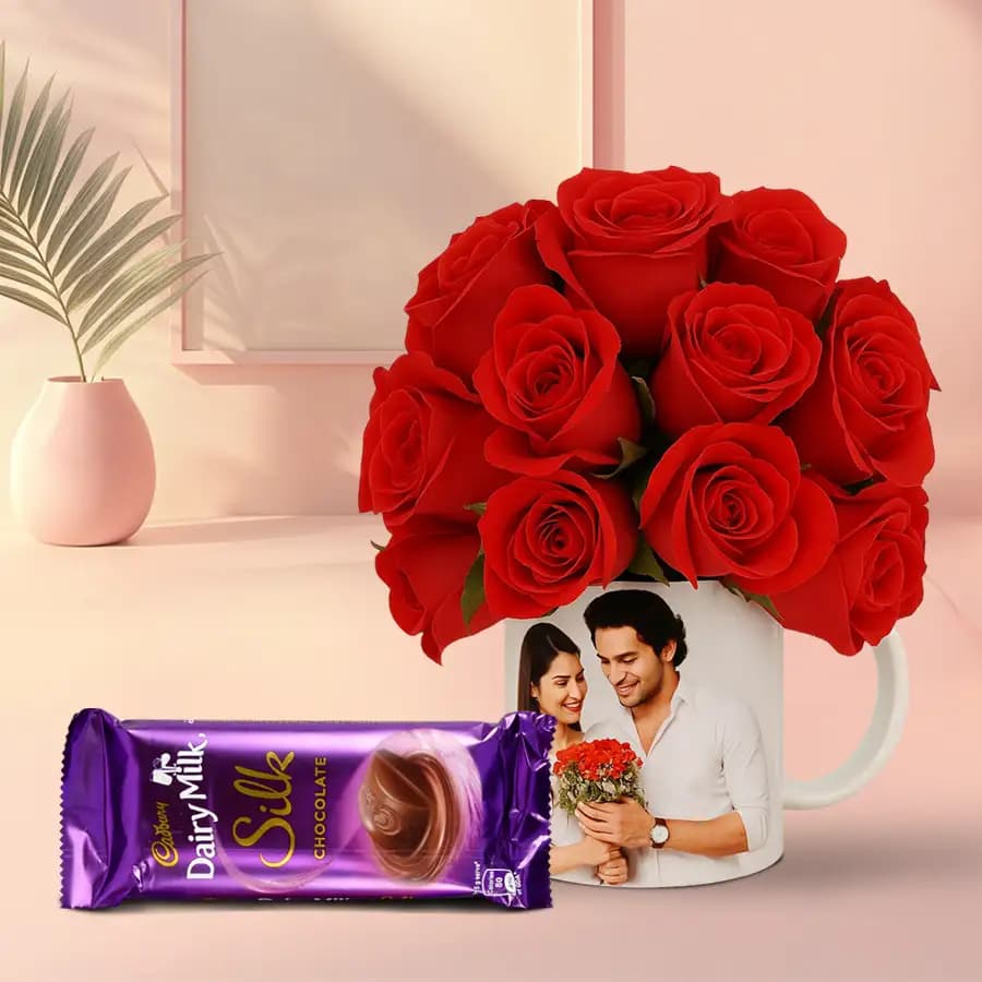 Lovers Favorite Red Roses in Personalized Photo Mug with Cadbury Silk
