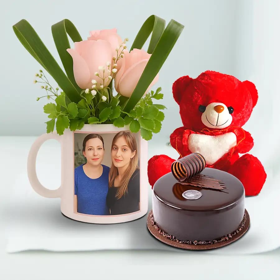 Lovely Pink Roses in Personalized Photo Mug with Chocolate Cake n Soft Teddy