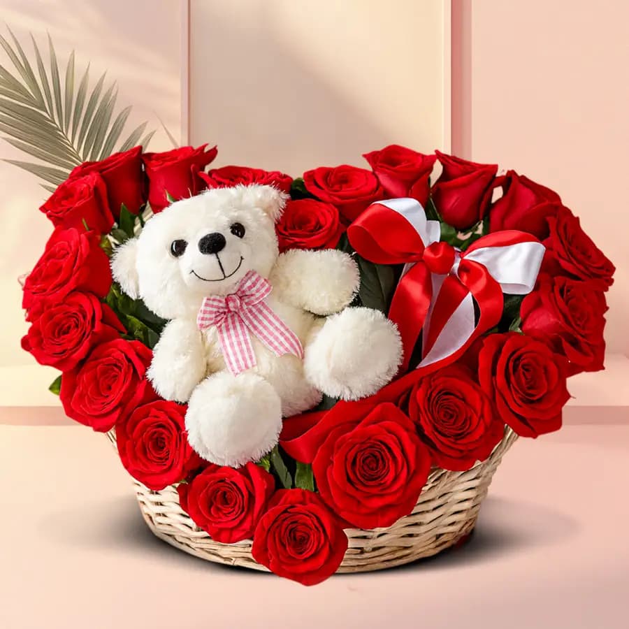 Love Filled Basket of 15 Red Roses with Plush Teddy