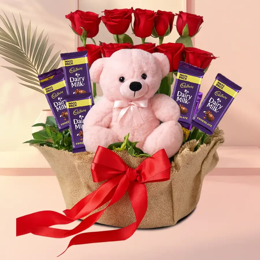 Romantic Basket of Red Roses, Cadbury Dairy Milk n Cute Teddy