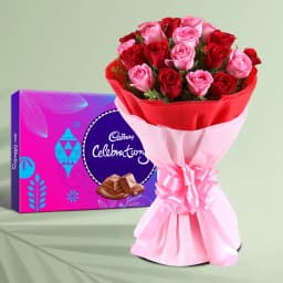 Splendid Red n Pink Roses Bouquet with Cadbury Celebration 1