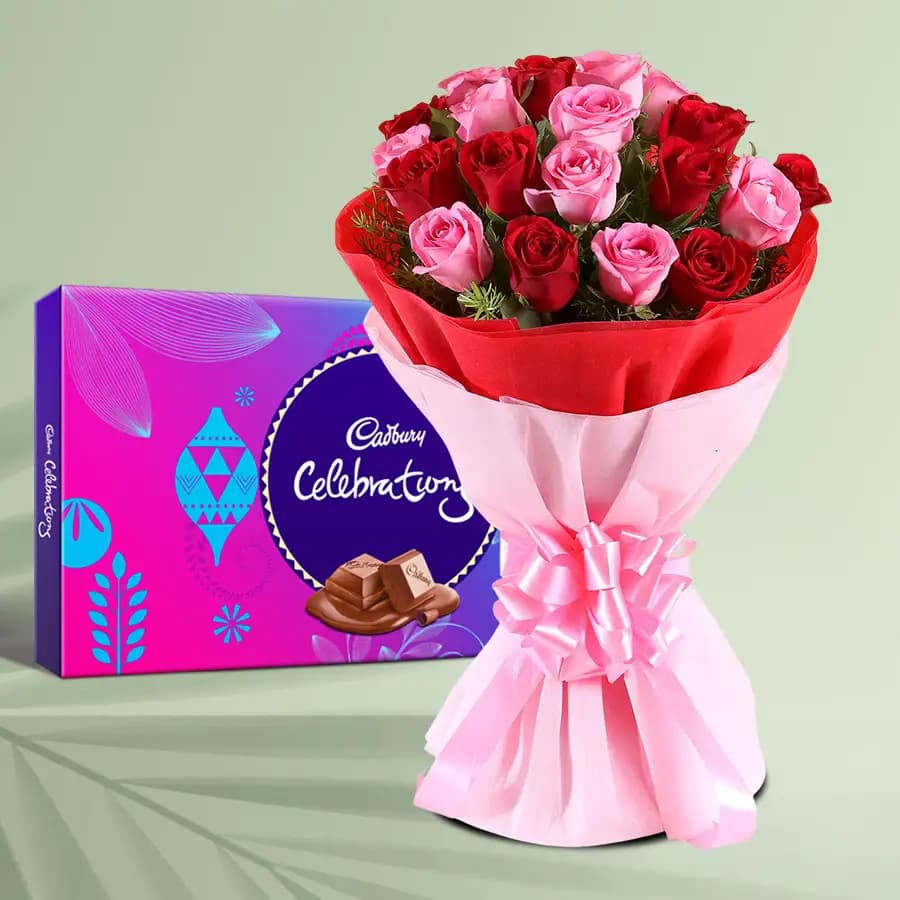 Splendid Red n Pink Roses Bouquet with Cadbury Celebration