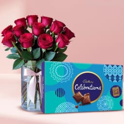 Impressive Gift of Red Roses in Vase with Cadbury Celebrations 1