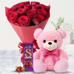 Lovely Bouquet of Red Roses with Teddy n Cadbury Silk 1