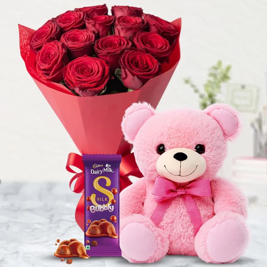 Lovely Bouquet of Red Roses with Teddy n Cadbury Silk
