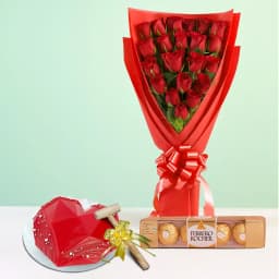 Radiant Red Roses Bouquet Red Heart Pinata Cake n Ferrero Rocher 1