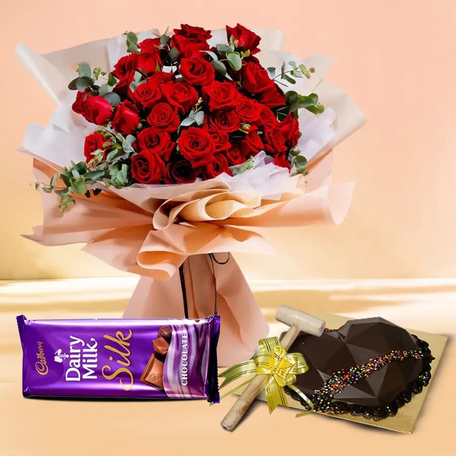 Beautiful Rose Bouquet with My Lifeline Heart Shape Pinata Cake n Cadbury Silk