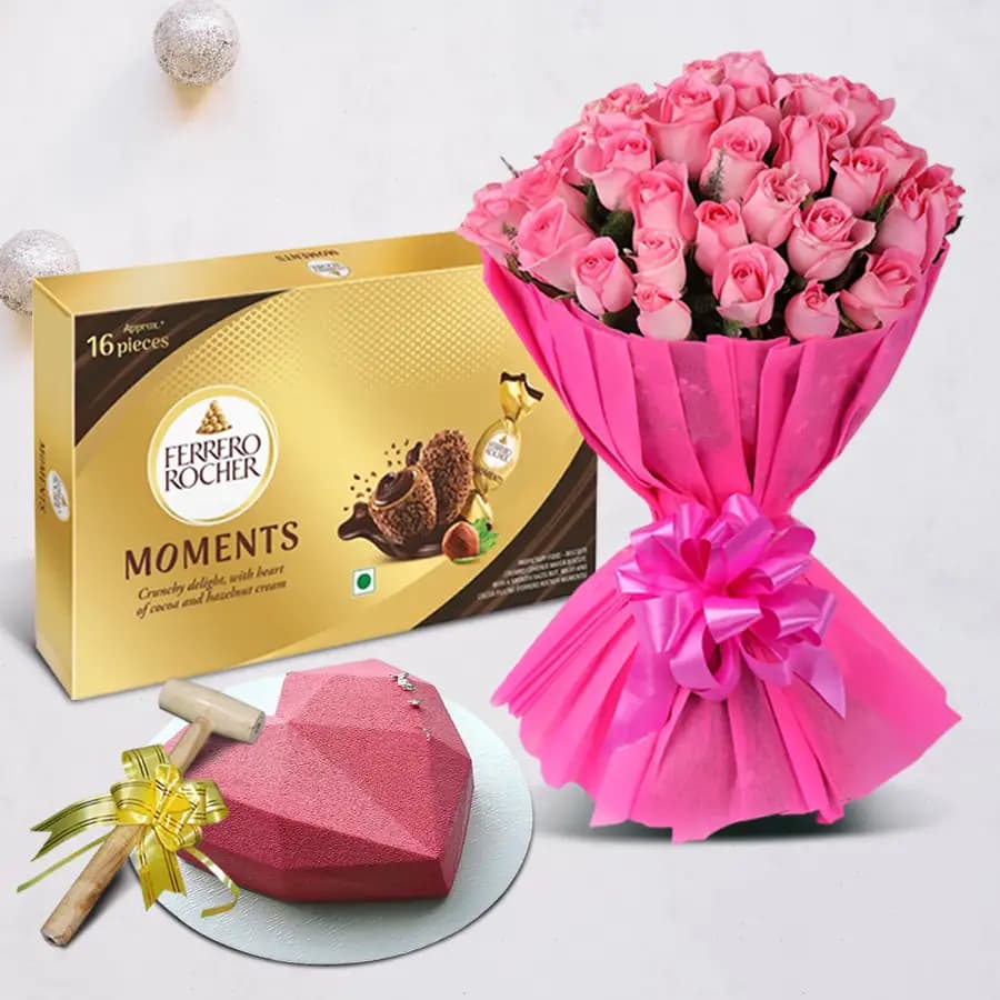 Pink Perfection Rose Bouquet Love Pinata Cake n Ferrero MomentsGift Combo