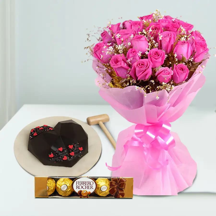 Lovely Pink Roses Bouquet My Heart Line Chocolate Pinata Cake n Ferrero Rocher Gift Combo