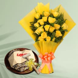 Alluring Yellow Roses Bouquet n Loving Heart Pinata Cake Combo 1
