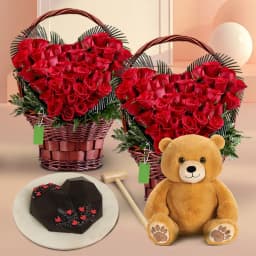 Amazing Gift of Twin Heart Red Roses Bunch Hearty Chocolate Pinata Cake n Cute Teddy 1