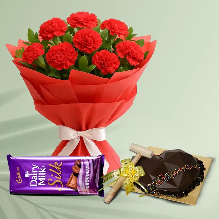 Radiant Red Carnations Bouquet Chocolate Love Hammer Cake n Cadbury Silk Gift Combo