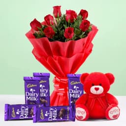 Exclusive Red Roses Bouquet with Love Teddy n Cadbury Dairy Milk 1