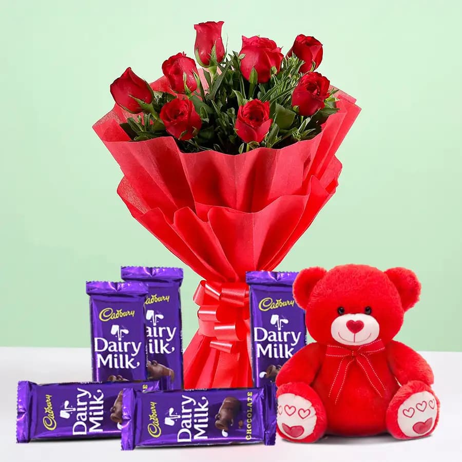 Exclusive Red Roses Bouquet with Love Teddy n Cadbury Dairy Milk