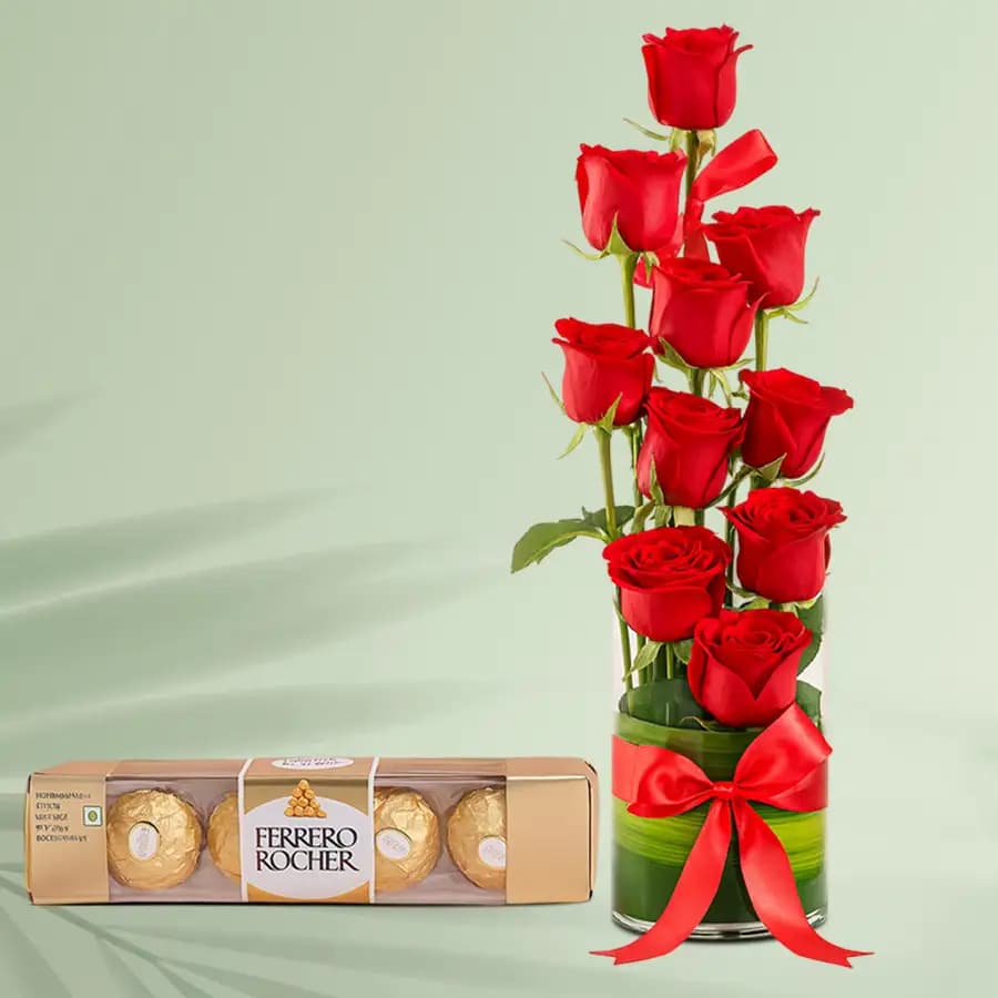 Chocolaty Love Combo of Red Roses in Vase with Ferrero Rocher
